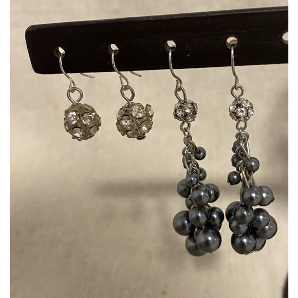 Vintage Set of 2 Dangle Rhinestone Ball Earrings Elegant 80's Fashion Jewelry - Picture 1 of 7